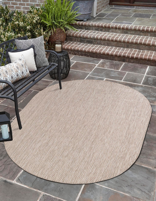 Beige 5' 3 x 8' Outdoor Solid Oval Area Rug Weather Resistant for Patio, Deck, Terrace, Balcony, Porch 100% Polypropylene Minimalist Waterproof Carpet for Sale at Rug Engine