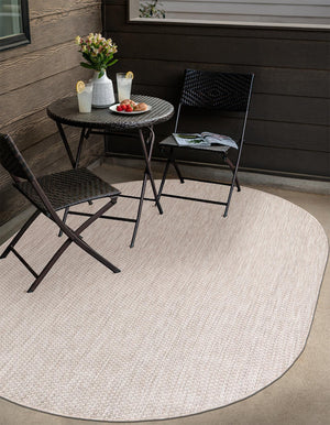 Beige 5' 3 x 8' Outdoor Solid Oval Area Rug Weather Resistant for Patio, Deck, Terrace, Balcony, Porch 100% Polypropylene Minimalist Waterproof Carpet for Sale at Rug Engine