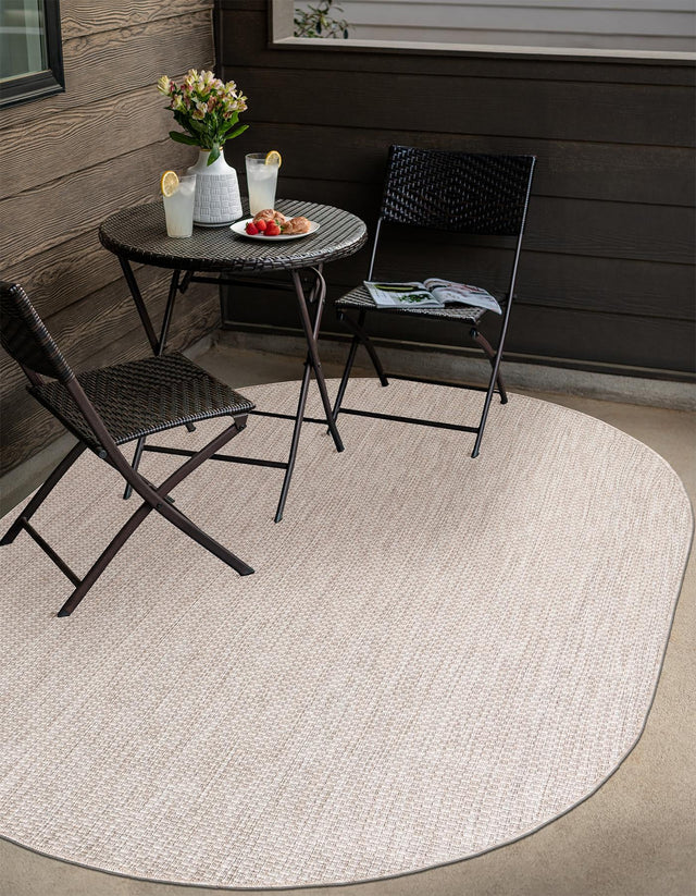 Beige 5' 3 x 8' Outdoor Solid Oval Area Rug Weather Resistant for Patio, Deck, Terrace, Balcony, Porch 100% Polypropylene Minimalist Waterproof Carpet for Sale at Rug Engine