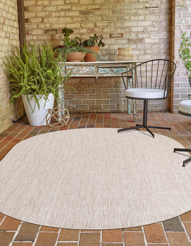 Beige 5' 3 x 8' Outdoor Solid Oval Area Rug Weather Resistant for Patio, Deck, Terrace, Balcony, Porch 100% Polypropylene Minimalist Waterproof Carpet for Sale at Rug Engine