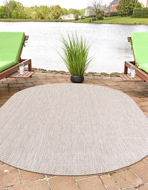Beige 5' 3 x 8' Outdoor Solid Oval Area Rug Weather Resistant for Patio, Deck, Terrace, Balcony, Porch 100% Polypropylene Minimalist Waterproof Carpet for Sale at Rug Engine