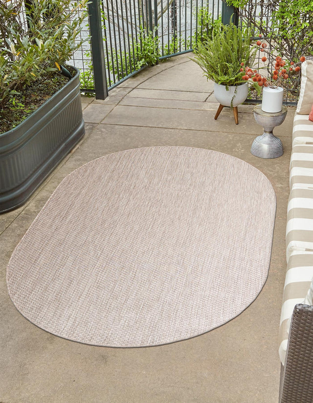 Beige 5' 3 x 8' Outdoor Solid Oval Area Rug Weather Resistant for Patio, Deck, Terrace, Balcony, Porch 100% Polypropylene Minimalist Waterproof Carpet for Sale at Rug Engine