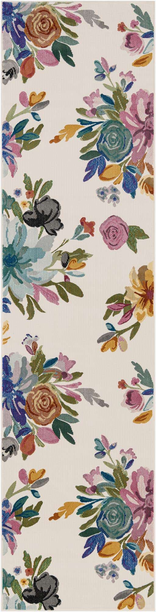 Ivory 2' 7 x 10' Blossom Runner Area Rug 100% Polypropylene With Cotton Backing Easy Clean Colorful Blooming Blossoming Flower Floral Plant Carpet for Living Dining Room Office Dorms for Sale at Rug Engine
