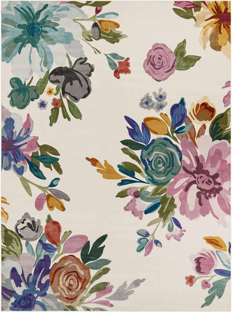 Ivory 10' x 13' 1 Blossom Rectangle Area Rug 100% Polypropylene With Cotton Backing Easy Clean Colorful Blooming Blossoming Flower Floral Plant Carpet for Living Dining Room Office Dorms for Sale at Rug Engine