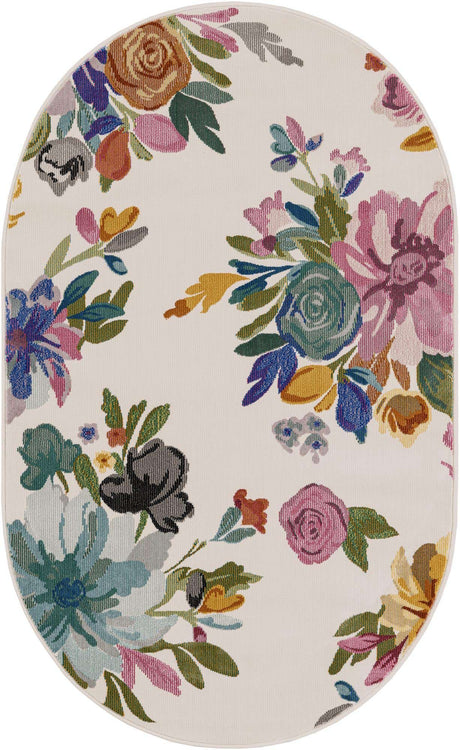 Ivory 3' 3 x 5' 3 Blossom Oval Area Rug 100% Polypropylene With Cotton Backing Easy Clean Colorful Blooming Blossoming Flower Floral Plant Carpet for Living Dining Room Office Dorms for Sale at Rug Engine