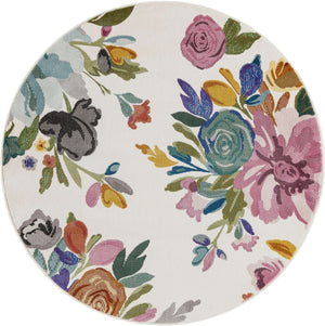 Ivory 4' 1 x 4' 1 Blossom Round Area Rug 100% Polypropylene With Cotton Backing Easy Clean Colorful Blooming Blossoming Flower Floral Plant Carpet for Living Dining Room Office Dorms for Sale at Rug Engine