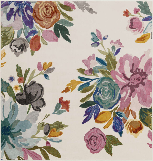 Ivory 6' 1 x 6' 1 Blossom Square Area Rug 100% Polypropylene With Cotton Backing Easy Clean Colorful Blooming Blossoming Flower Floral Plant Carpet for Living Dining Room Office Dorms for Sale at Rug Engine