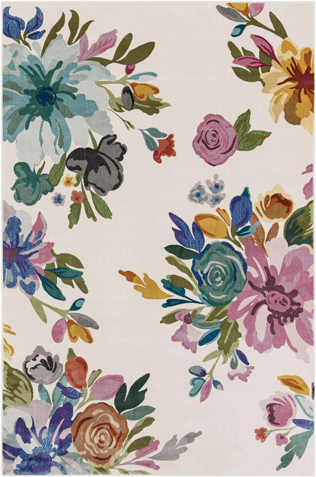 Ivory 6' 1 x 9' Blossom Rectangle Area Rug 100% Polypropylene With Cotton Backing Easy Clean Colorful Blooming Blossoming Flower Floral Plant Carpet for Living Dining Room Office Dorms for Sale at Rug Engine