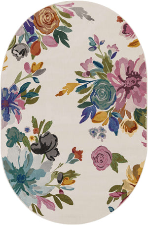 Ivory 6' 1 x 9' Blossom Oval Area Rug 100% Polypropylene With Cotton Backing Easy Clean Colorful Blooming Blossoming Flower Floral Plant Carpet for Living Dining Room Office Dorms for Sale at Rug Engine