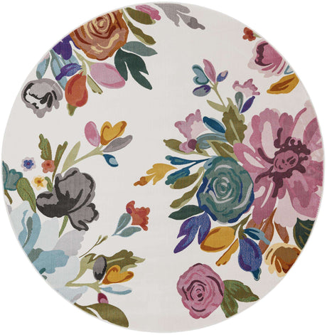 Ivory 7' 10 x 7' 10 Blossom Round Area Rug 100% Polypropylene With Cotton Backing Easy Clean Colorful Blooming Blossoming Flower Floral Plant Carpet for Living Dining Room Office Dorms for Sale at Rug Engine