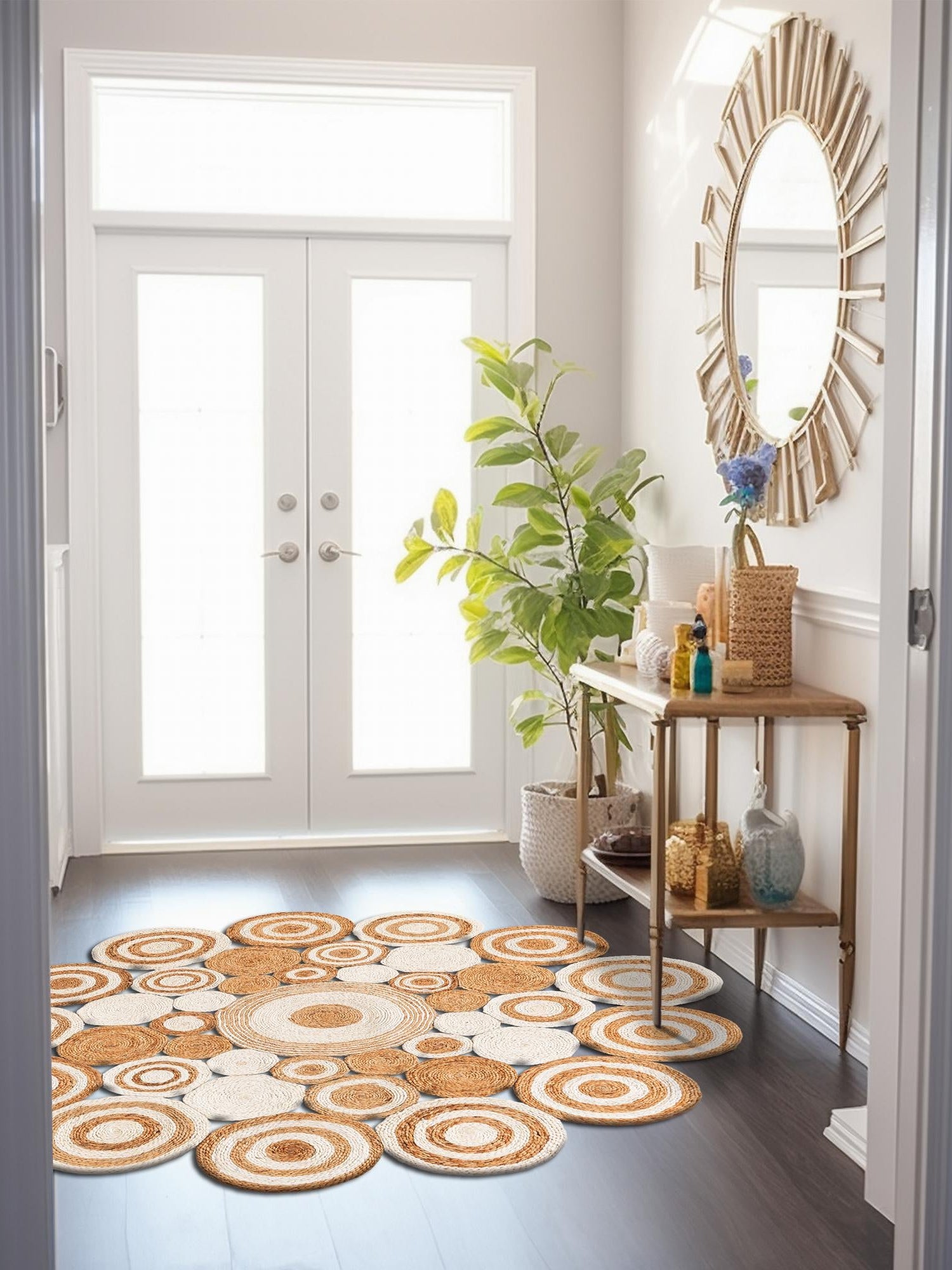 Natural and White 2' x 2' Braided Jute Round Area Rug 100% Jute Hand Braided Natural Eco-Friendly Boho Style Carpet for Living Rooms Dining Office Space Dorms for Sale at Rug Engine