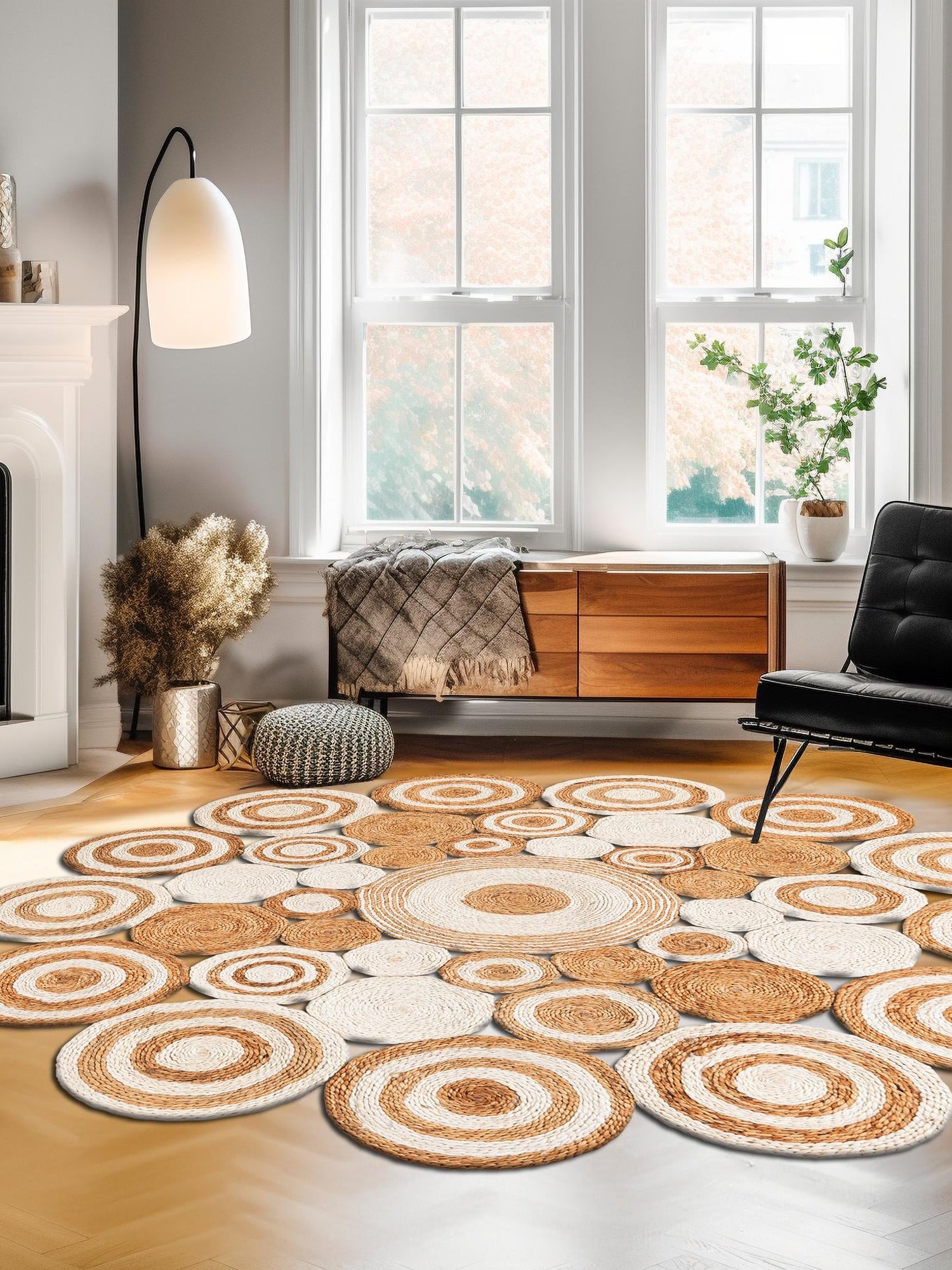 Natural and White 7' 10 x 7' 10 Braided Jute Round Area Rug 100% Jute Hand Braided Natural Eco-Friendly Boho Style Carpet for Living Rooms Dining Office Space Dorms for Sale at Rug Engine