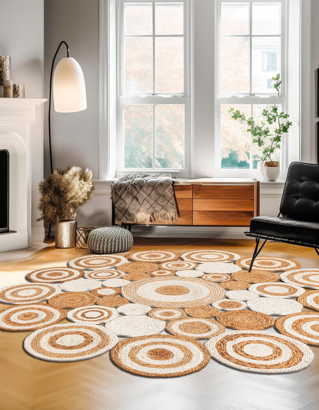 Natural and White 3' 3 x 3' 3 Braided Jute Round Area Rug 100% Jute Hand Braided Natural Eco-Friendly Boho Style Carpet for Living Rooms Dining Office Space Dorms for Sale at Rug Engine