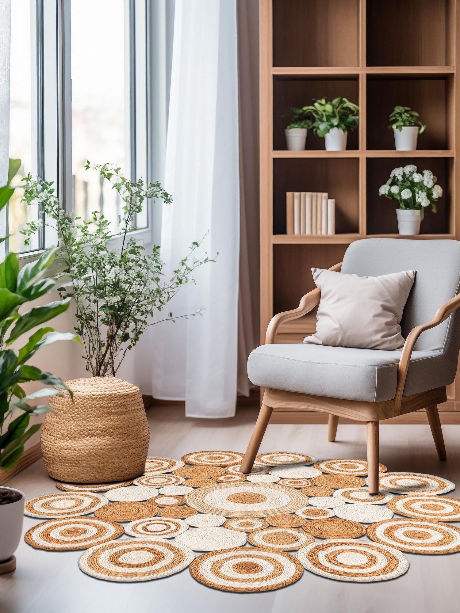 Natural and White 5' 1 x 5' 1 Braided Jute Round Area Rug 100% Jute Hand Braided Natural Eco-Friendly Boho Style Carpet for Living Rooms Dining Office Space Dorms for Sale at Rug Engine