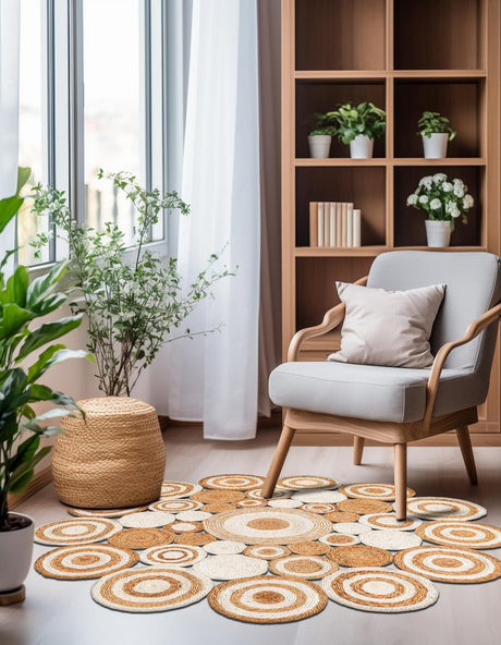 Natural and White 6' 1 x 6' 1 Braided Jute Round Area Rug 100% Jute Hand Braided Natural Eco-Friendly Boho Style Carpet for Living Rooms Dining Office Space Dorms for Sale at Rug Engine