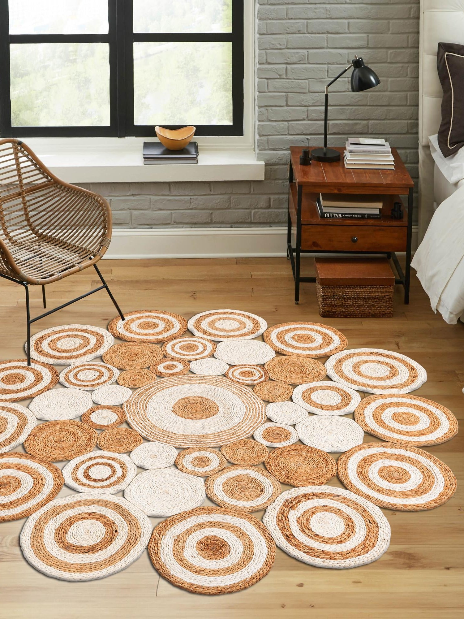 Natural and White 3' 3 x 3' 3 Braided Jute Round Area Rug 100% Jute Hand Braided Natural Eco-Friendly Boho Style Carpet for Living Rooms Dining Office Space Dorms for Sale at Rug Engine