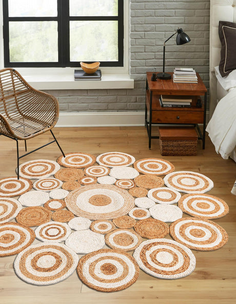 Natural and White 7' 10 x 7' 10 Braided Jute Round Area Rug 100% Jute Hand Braided Natural Eco-Friendly Boho Style Carpet for Living Rooms Dining Office Space Dorms for Sale at Rug Engine
