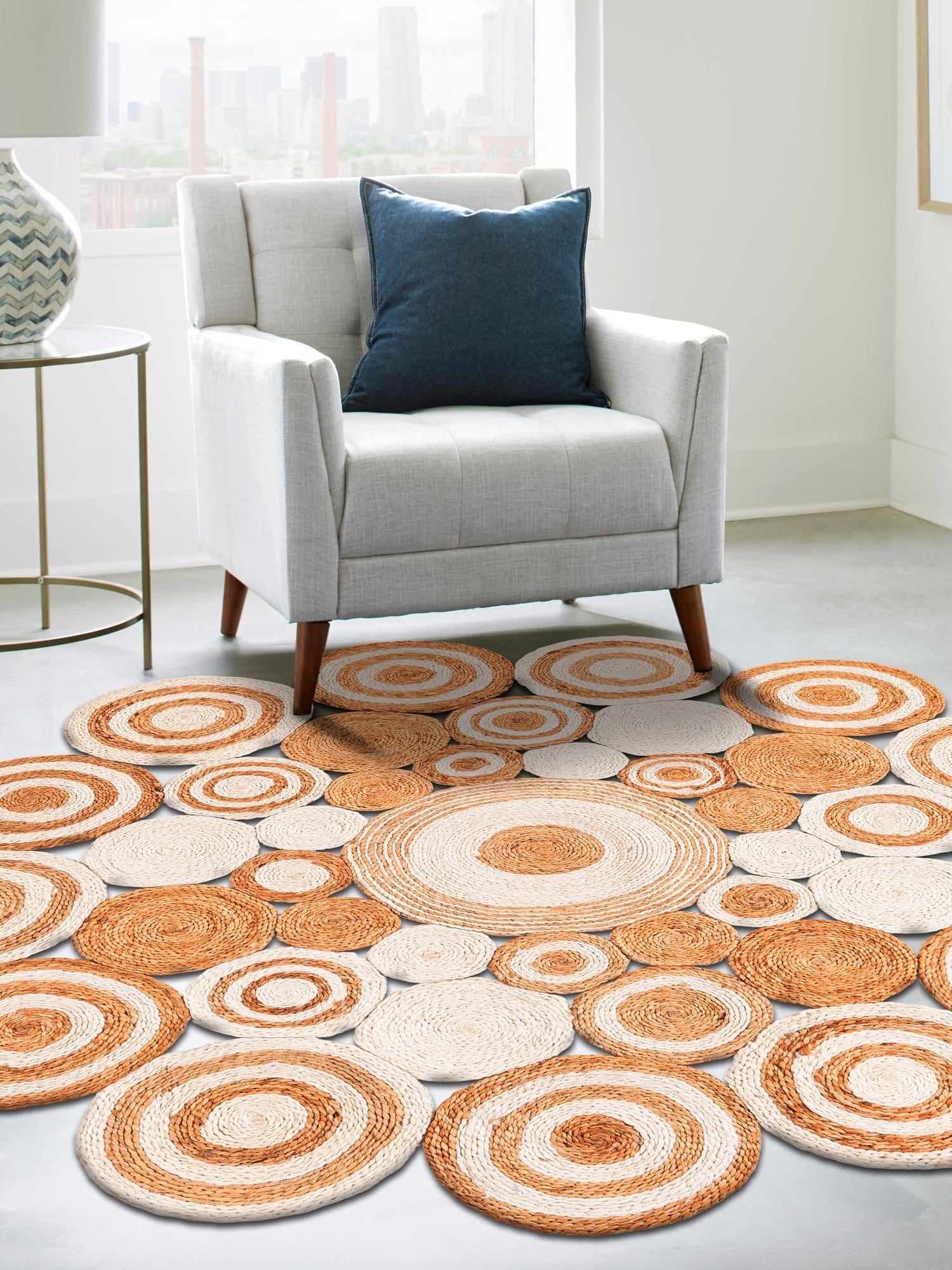Natural and White 6' 1 x 6' 1 Braided Jute Round Area Rug 100% Jute Hand Braided Natural Eco-Friendly Boho Style Carpet for Living Rooms Dining Office Space Dorms for Sale at Rug Engine