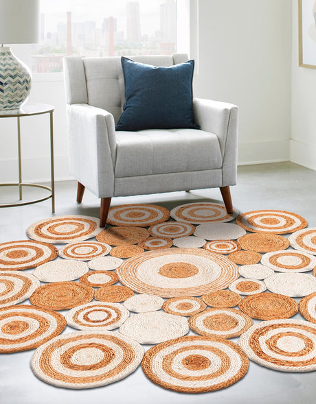 Natural and White 2' x 2' Braided Jute Round Area Rug 100% Jute Hand Braided Natural Eco-Friendly Boho Style Carpet for Living Rooms Dining Office Space Dorms for Sale at Rug Engine