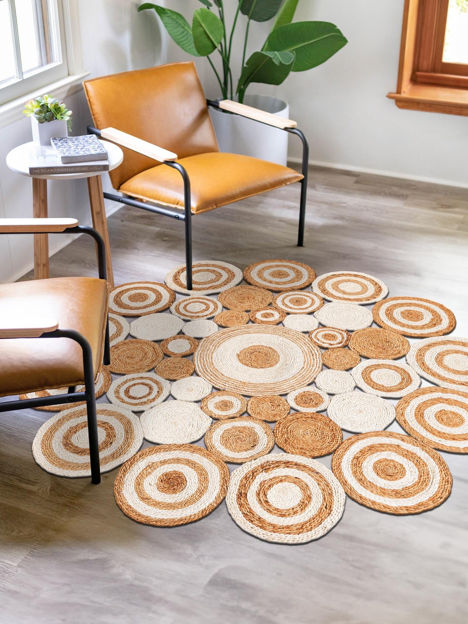 Natural and White 7' 10 x 7' 10 Braided Jute Round Area Rug 100% Jute Hand Braided Natural Eco-Friendly Boho Style Carpet for Living Rooms Dining Office Space Dorms for Sale at Rug Engine