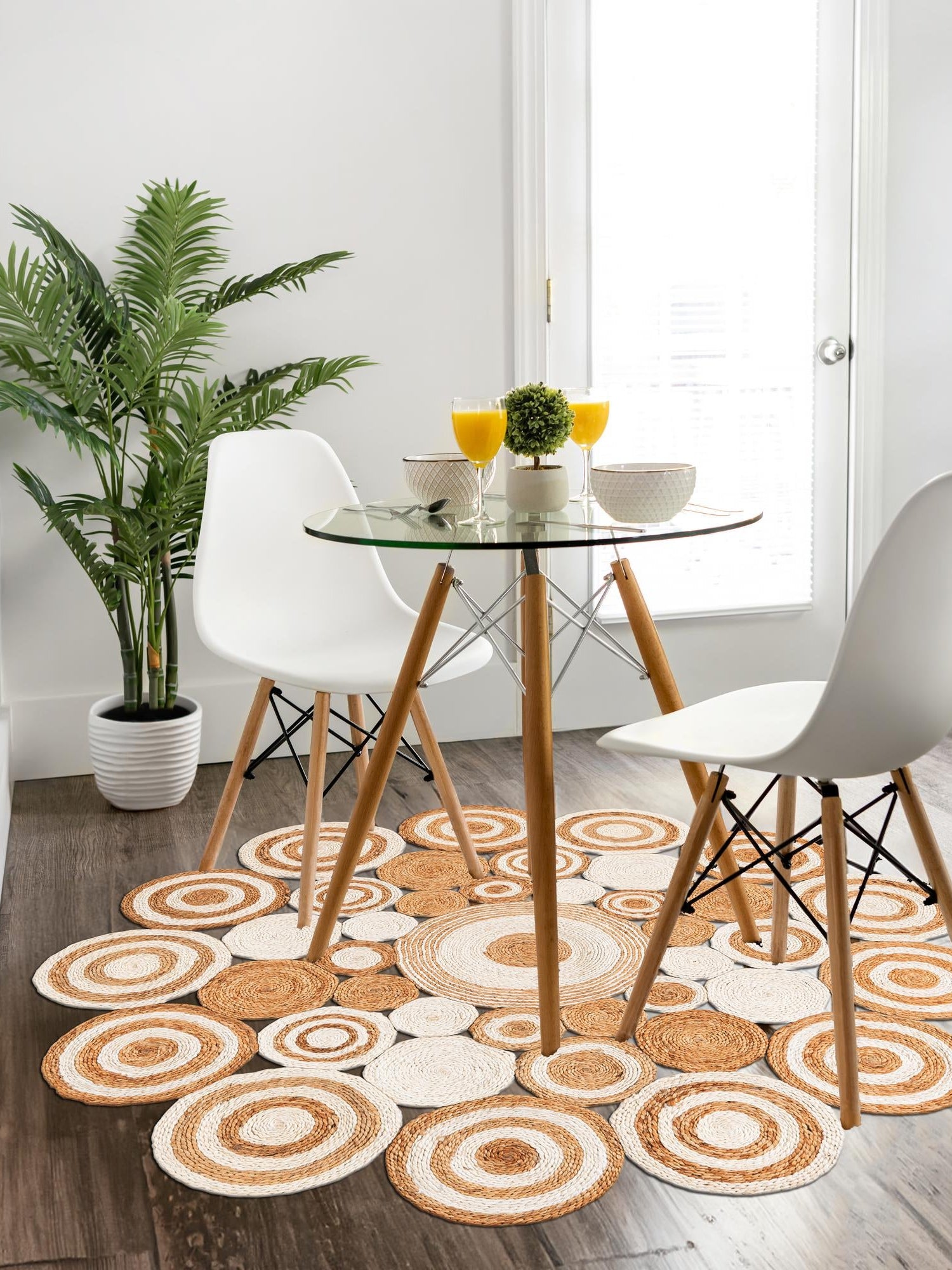Natural and White 2' x 2' Braided Jute Round Area Rug 100% Jute Hand Braided Natural Eco-Friendly Boho Style Carpet for Living Rooms Dining Office Space Dorms for Sale at Rug Engine
