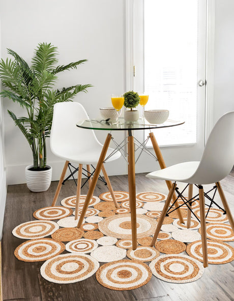 Natural and White 5' 1 x 5' 1 Braided Jute Round Area Rug 100% Jute Hand Braided Natural Eco-Friendly Boho Style Carpet for Living Rooms Dining Office Space Dorms for Sale at Rug Engine