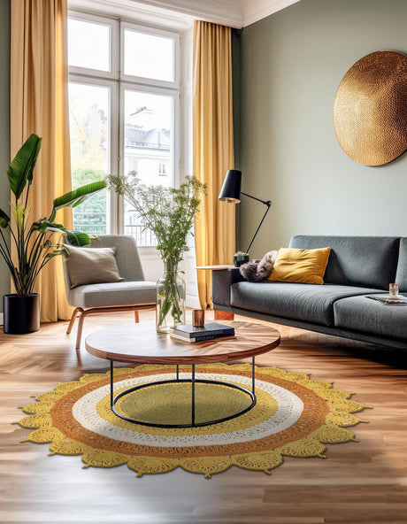 Sunflower Yellow 4' 1 x 4' 1 Braided Jute Round Area Rug 100% Jute Hand Braided Natural Eco-Friendly Boho Style Carpet for Living Rooms Dining Office Space Dorms for Sale at Rug Engine