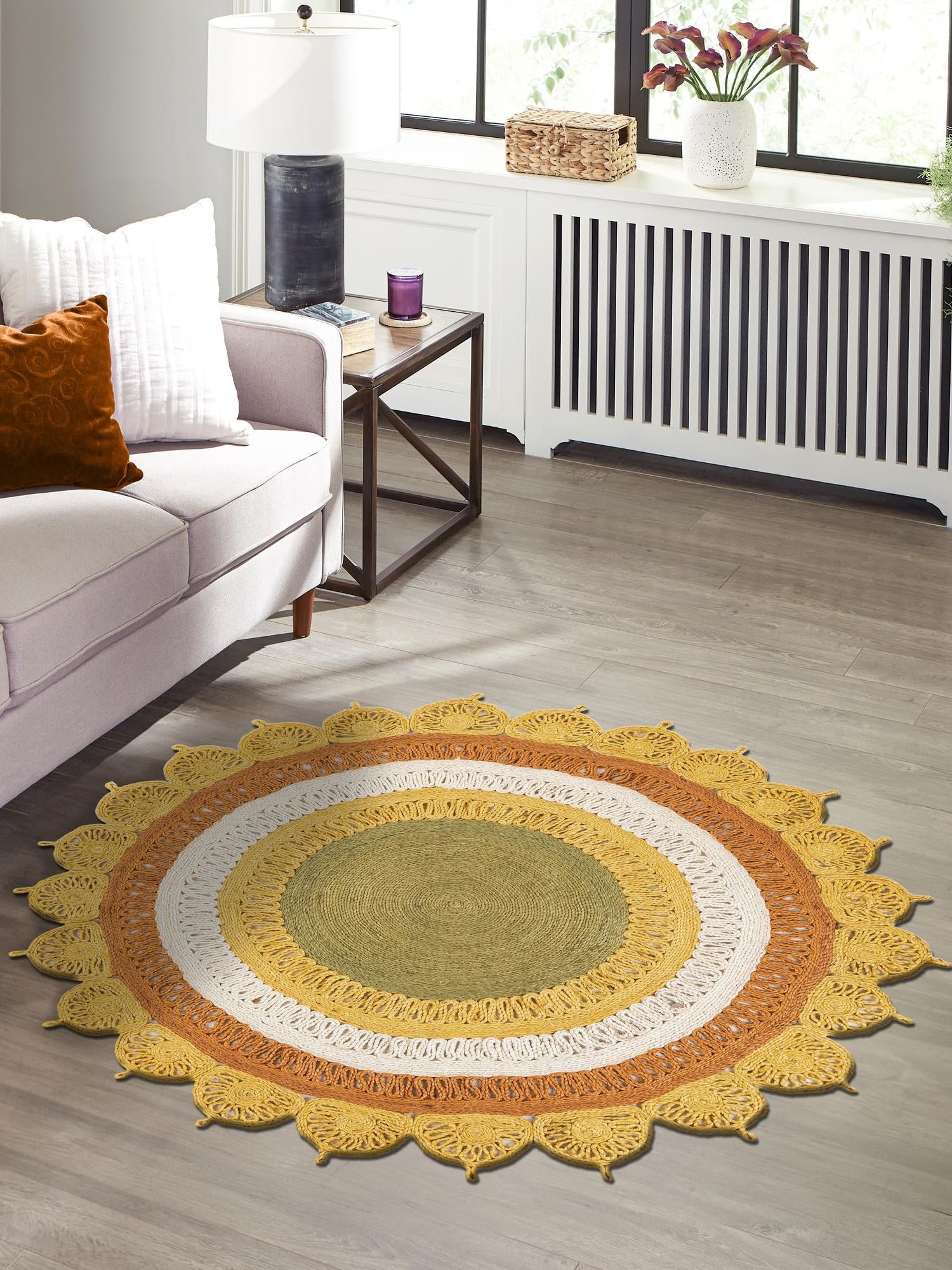 Sunflower Yellow 3' 3 x 3' 3 Braided Jute Round Area Rug 100% Jute Hand Braided Natural Eco-Friendly Boho Style Carpet for Living Rooms Dining Office Space Dorms for Sale at Rug Engine