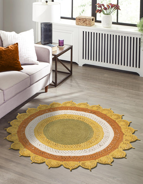 Sunflower Yellow 2' x 2' Braided Jute Round Area Rug 100% Jute Hand Braided Natural Eco-Friendly Boho Style Carpet for Living Rooms Dining Office Space Dorms for Sale at Rug Engine