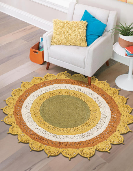 Sunflower Yellow 6' 1 x 6' 1 Braided Jute Round Area Rug 100% Jute Hand Braided Natural Eco-Friendly Boho Style Carpet for Living Rooms Dining Office Space Dorms for Sale at Rug Engine