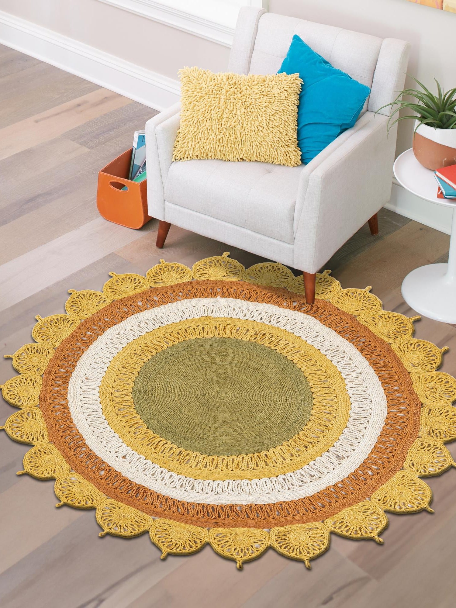 Sunflower Yellow 3' 3 x 3' 3 Braided Jute Round Area Rug 100% Jute Hand Braided Natural Eco-Friendly Boho Style Carpet for Living Rooms Dining Office Space Dorms for Sale at Rug Engine