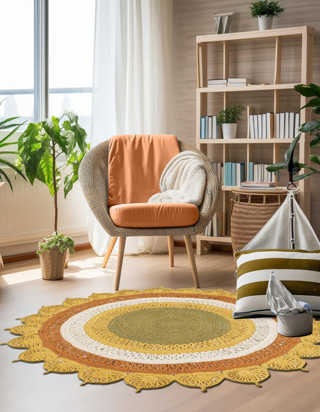 Sunflower Yellow 4' 1 x 4' 1 Braided Jute Round Area Rug 100% Jute Hand Braided Natural Eco-Friendly Boho Style Carpet for Living Rooms Dining Office Space Dorms for Sale at Rug Engine