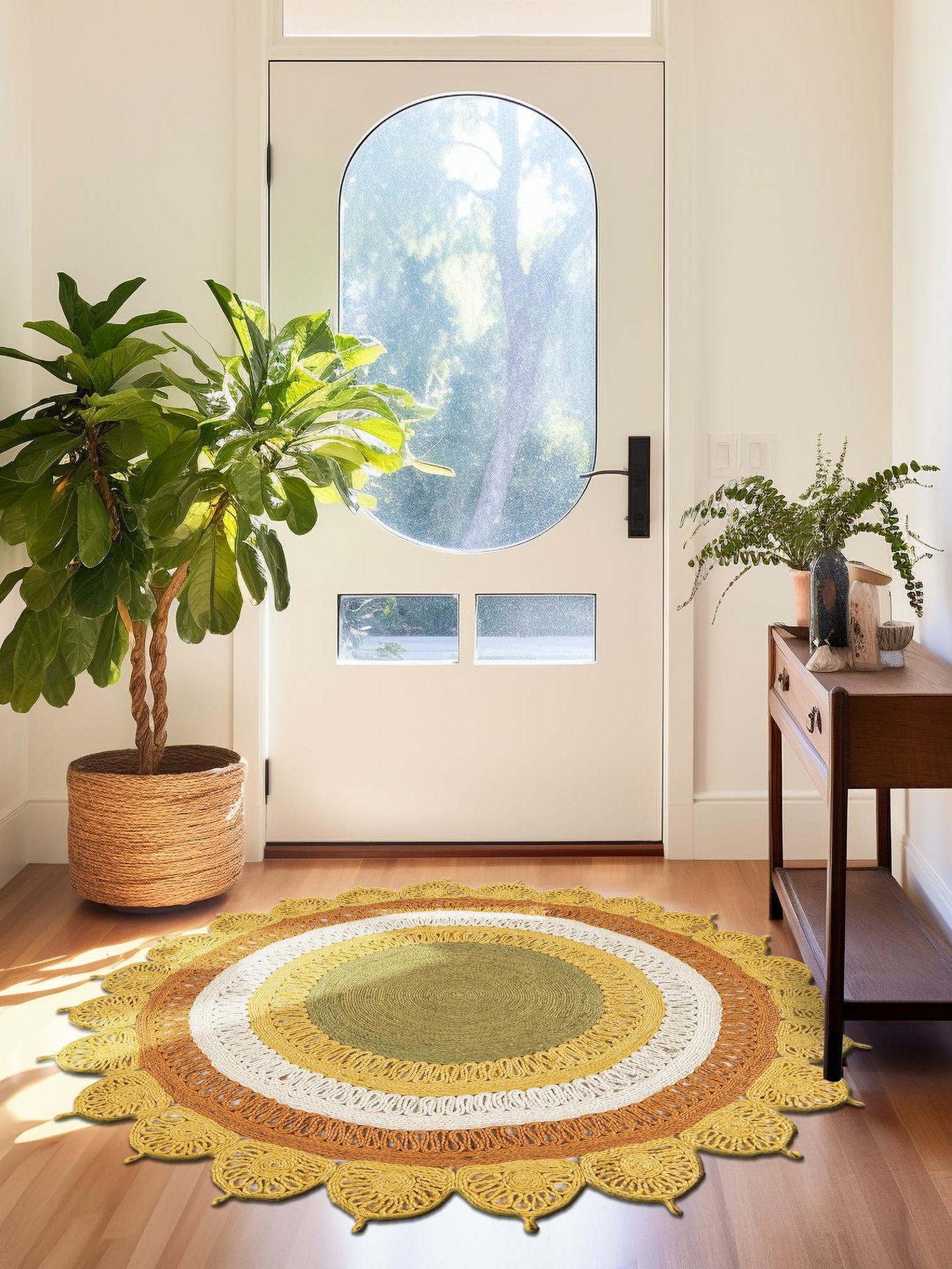 Sunflower Yellow 2' x 2' Braided Jute Round Area Rug 100% Jute Hand Braided Natural Eco-Friendly Boho Style Carpet for Living Rooms Dining Office Space Dorms for Sale at Rug Engine