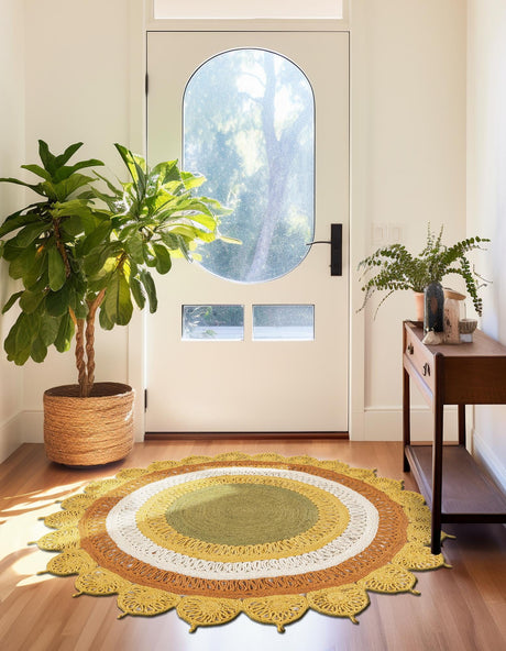 Sunflower Yellow 4' 1 x 4' 1 Braided Jute Round Area Rug 100% Jute Hand Braided Natural Eco-Friendly Boho Style Carpet for Living Rooms Dining Office Space Dorms for Sale at Rug Engine