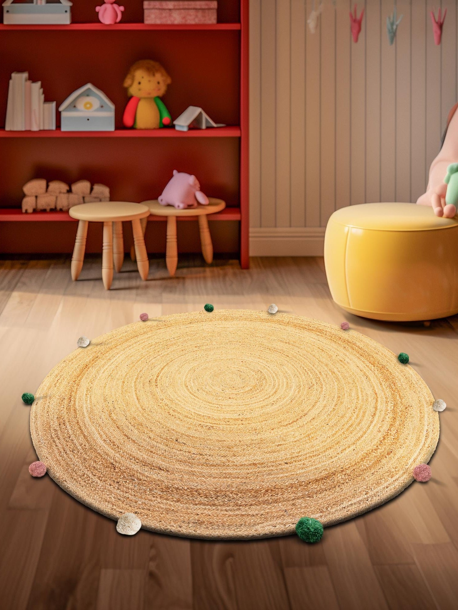 Multicolor 4' 1 x 4' 1 Kids Braided Jute Round Area Rug for Baby Nursery, Toddler Playroom,  Bedrooms All Natural Eco-Friendly Sustainable Carpet for Sale at Rug Engine