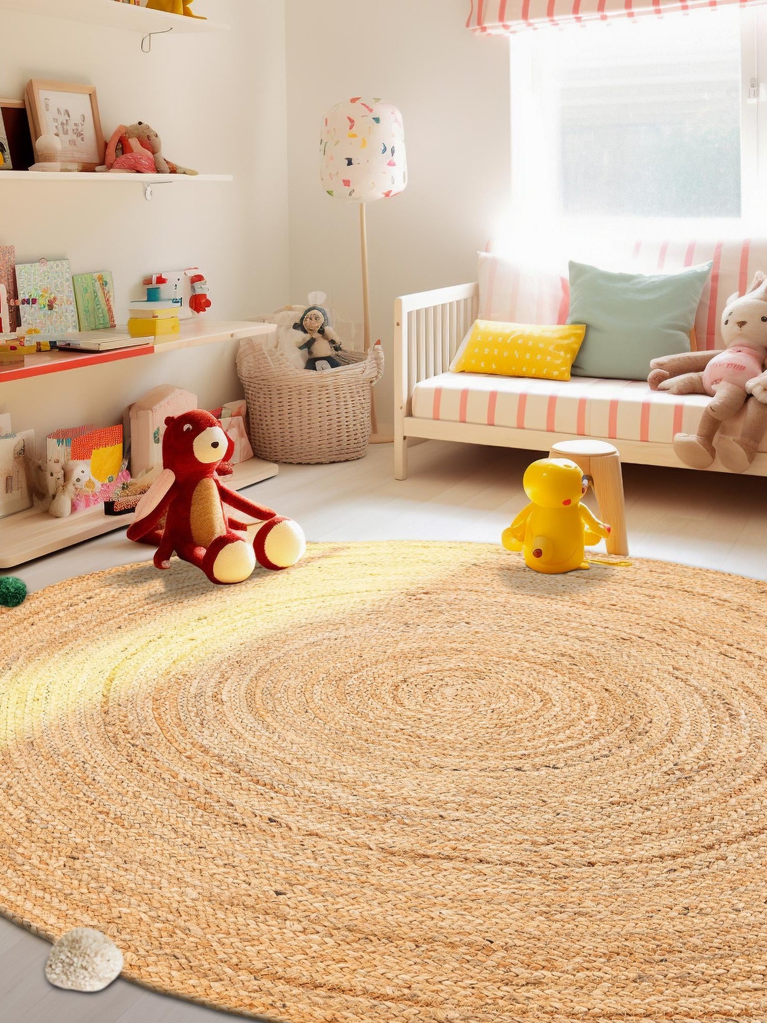 Multicolor 4' 1 x 4' 1 Kids Braided Jute Round Area Rug for Baby Nursery, Toddler Playroom,  Bedrooms All Natural Eco-Friendly Sustainable Carpet for Sale at Rug Engine