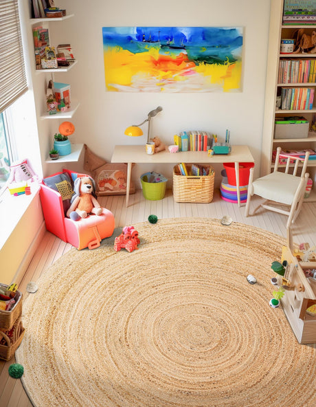 Multicolor 5' 3 x 5' 3 Kids Braided Jute Round Area Rug for Baby Nursery, Toddler Playroom,  Bedrooms All Natural Eco-Friendly Sustainable Carpet for Sale at Rug Engine
