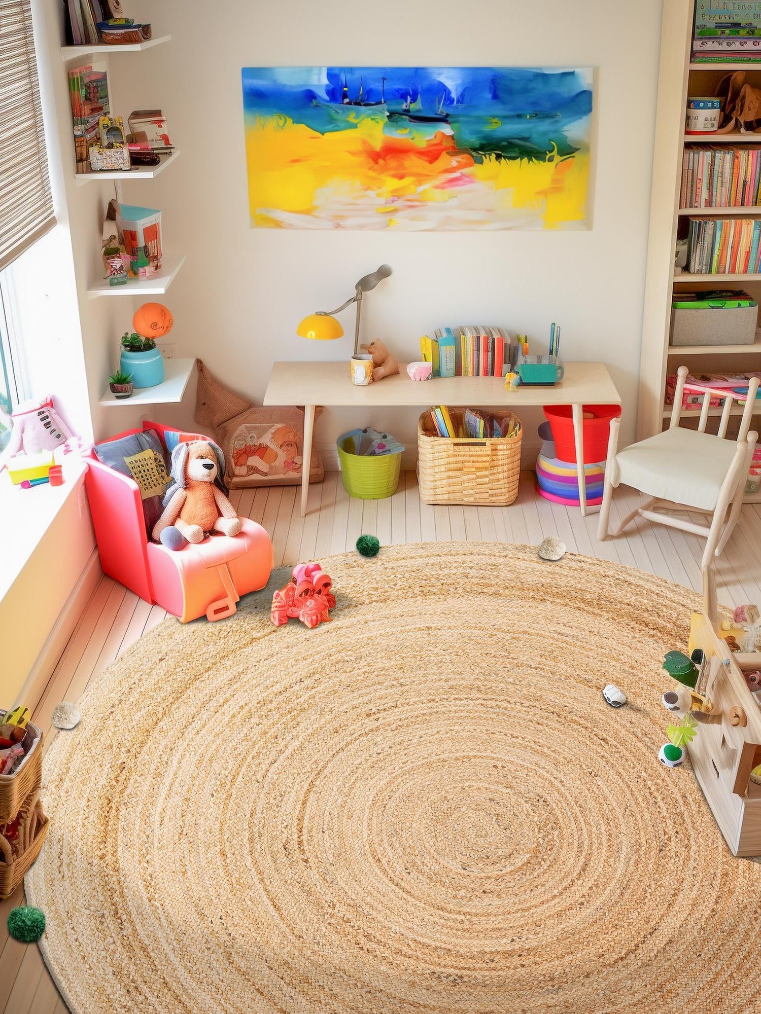 Multicolor 3' 1 x 3' 1 Kids Braided Jute Round Area Rug for Baby Nursery, Toddler Playroom,  Bedrooms All Natural Eco-Friendly Sustainable Carpet for Sale at Rug Engine