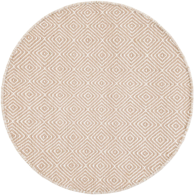 Beige 3' 1 x 3' 1 Geo Trellis Flatweave Round Area Rug 80% Wool & 20% Cotton Natural Geometric Carpet for Living, Office, Dining, Dorms for Sale at Rug Engine