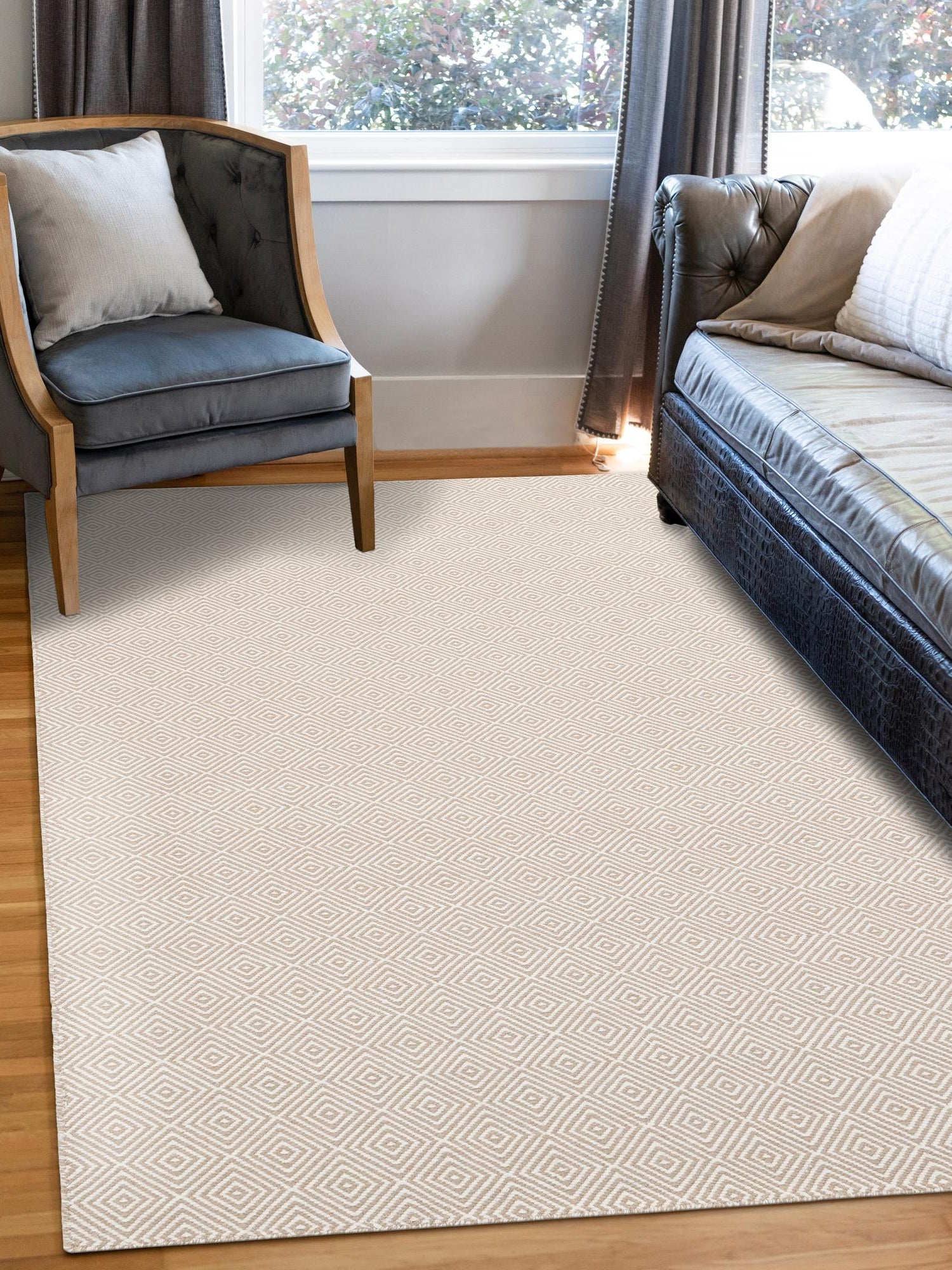 Beige 10' x 14' 1 Geo Trellis Flatweave Rectangle Area Rug 80% Wool & 20% Cotton Natural Geometric Carpet for Living, Office, Dining, Dorms for Sale at Rug Engine