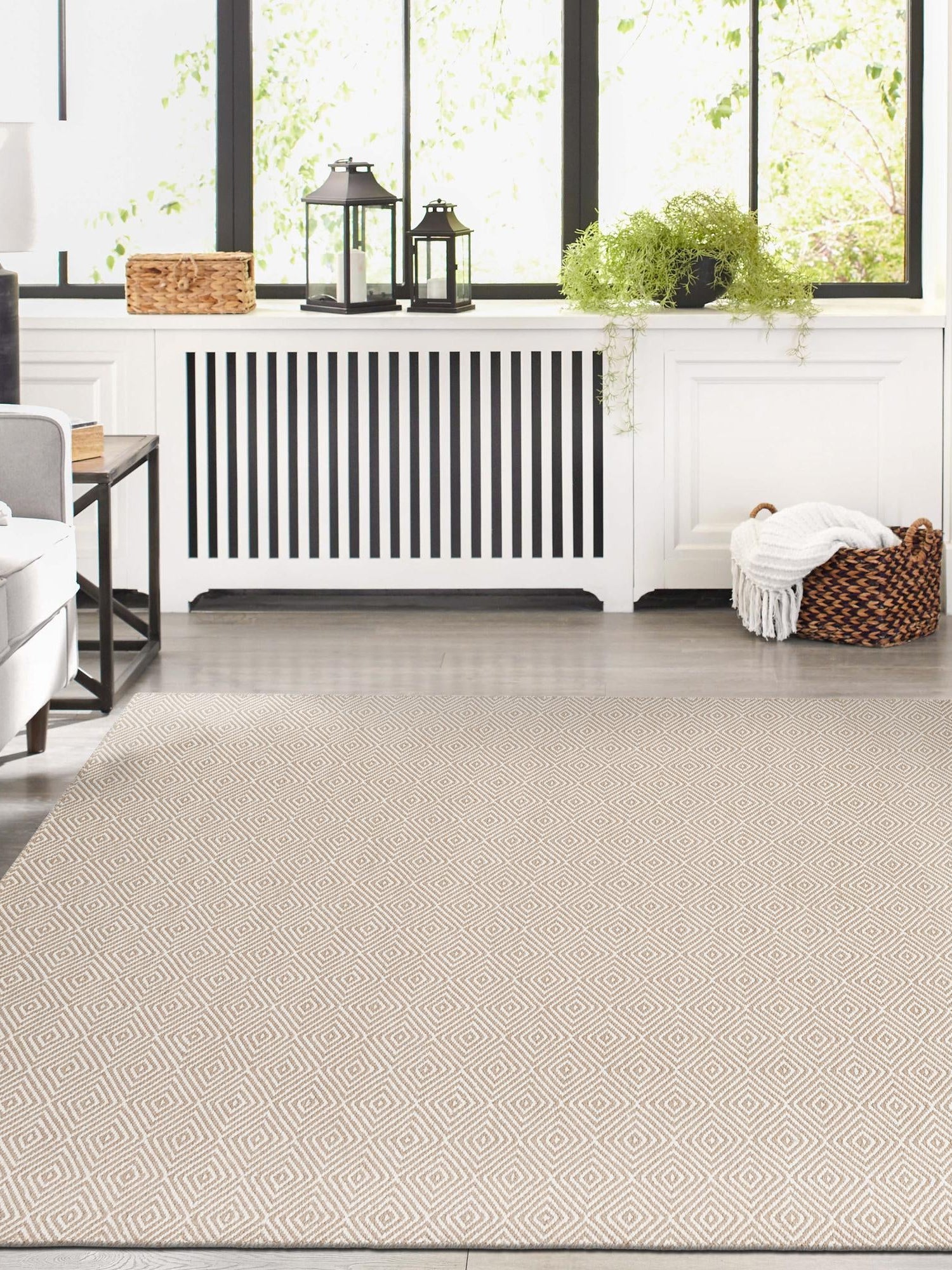 Beige 10' x 14' 1 Geo Trellis Flatweave Rectangle Area Rug 80% Wool & 20% Cotton Natural Geometric Carpet for Living, Office, Dining, Dorms for Sale at Rug Engine
