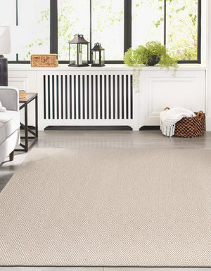 Beige 5' 1 x 8' Geo Trellis Flatweave Rectangle Area Rug 80% Wool & 20% Cotton Natural Geometric Carpet for Living, Office, Dining, Dorms for Sale at Rug Engine