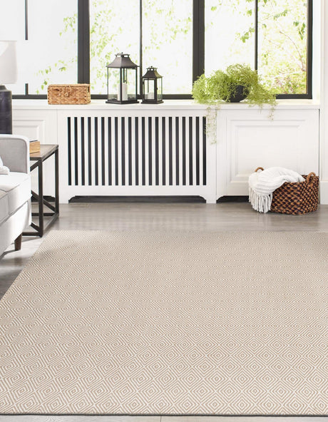 Beige 6' 1 x 9' Geo Trellis Flatweave Rectangle Area Rug 80% Wool & 20% Cotton Natural Geometric Carpet for Living, Office, Dining, Dorms for Sale at Rug Engine
