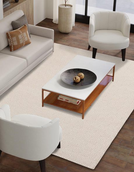 Beige 5' 1 x 8' Geo Trellis Flatweave Rectangle Area Rug 80% Wool & 20% Cotton Natural Geometric Carpet for Living, Office, Dining, Dorms for Sale at Rug Engine