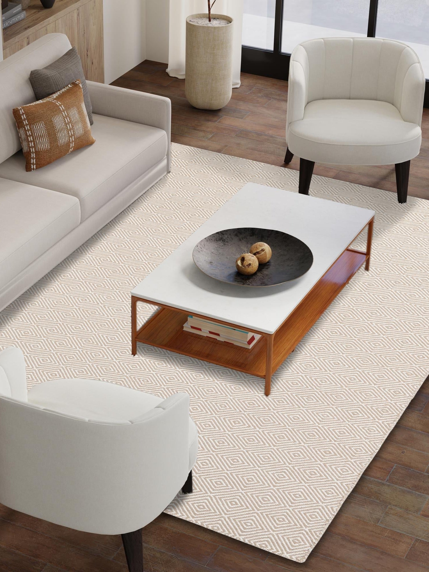 Beige 10' x 14' 1 Geo Trellis Flatweave Rectangle Area Rug 80% Wool & 20% Cotton Natural Geometric Carpet for Living, Office, Dining, Dorms for Sale at Rug Engine