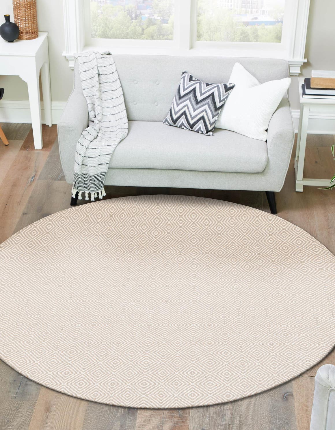 Beige 3' 1 x 3' 1 Geo Trellis Flatweave Round Area Rug 80% Wool & 20% Cotton Natural Geometric Carpet for Living, Office, Dining, Dorms for Sale at Rug Engine