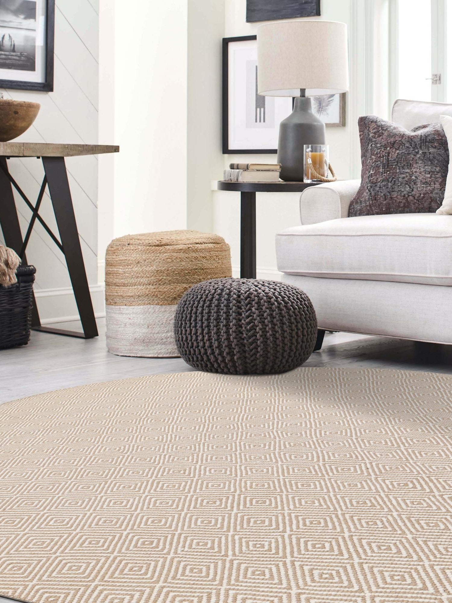 Beige 3' 1 x 3' 1 Geo Trellis Flatweave Round Area Rug 80% Wool & 20% Cotton Natural Geometric Carpet for Living, Office, Dining, Dorms for Sale at Rug Engine