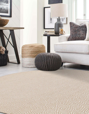 Beige 3' 1 x 3' 1 Geo Trellis Flatweave Round Area Rug 80% Wool & 20% Cotton Natural Geometric Carpet for Living, Office, Dining, Dorms for Sale at Rug Engine