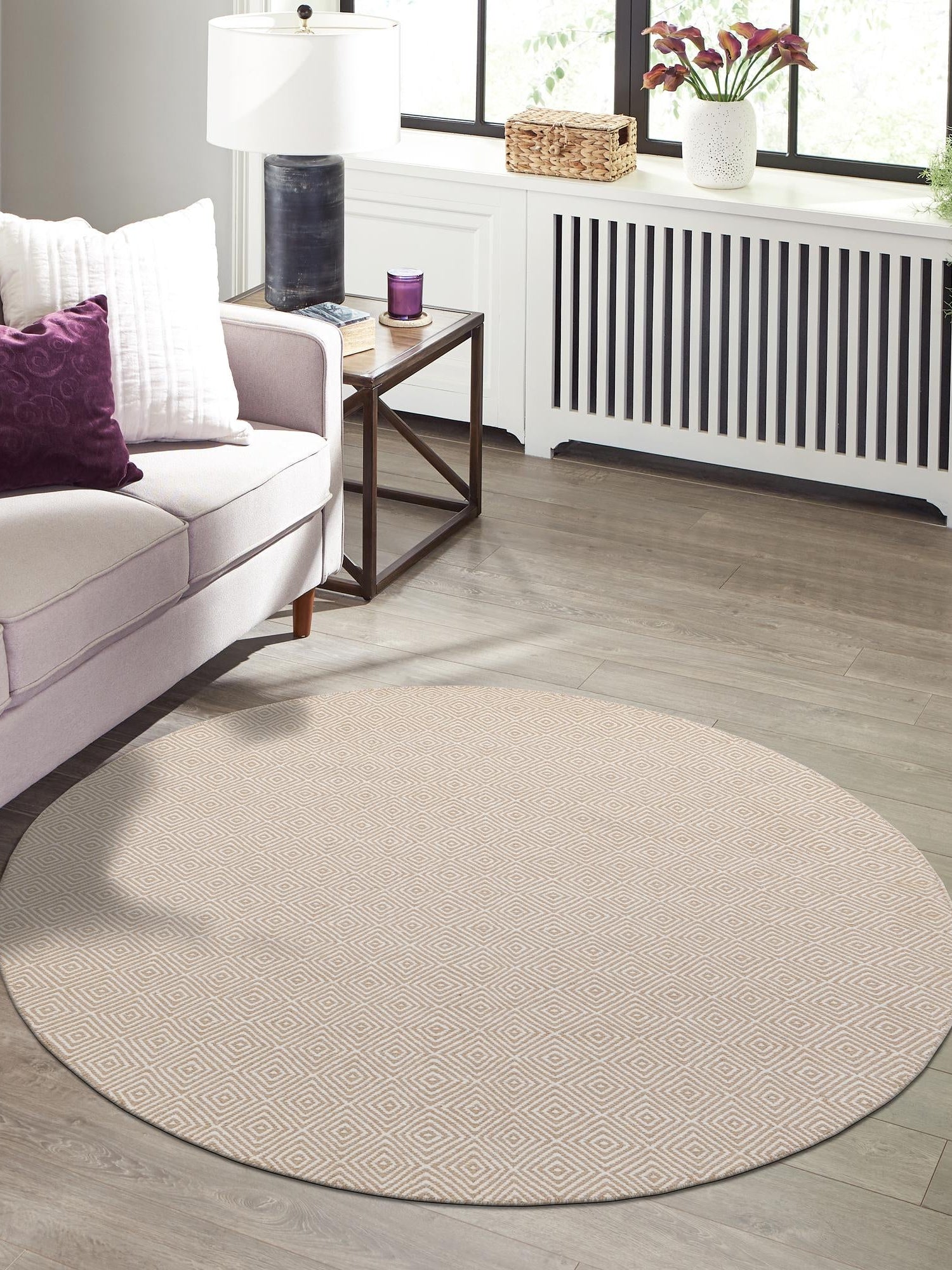 Beige 3' 1 x 3' 1 Geo Trellis Flatweave Round Area Rug 80% Wool & 20% Cotton Natural Geometric Carpet for Living, Office, Dining, Dorms for Sale at Rug Engine