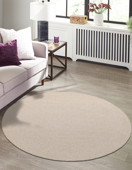 Beige 3' 1 x 3' 1 Geo Trellis Flatweave Round Area Rug 80% Wool & 20% Cotton Natural Geometric Carpet for Living, Office, Dining, Dorms for Sale at Rug Engine